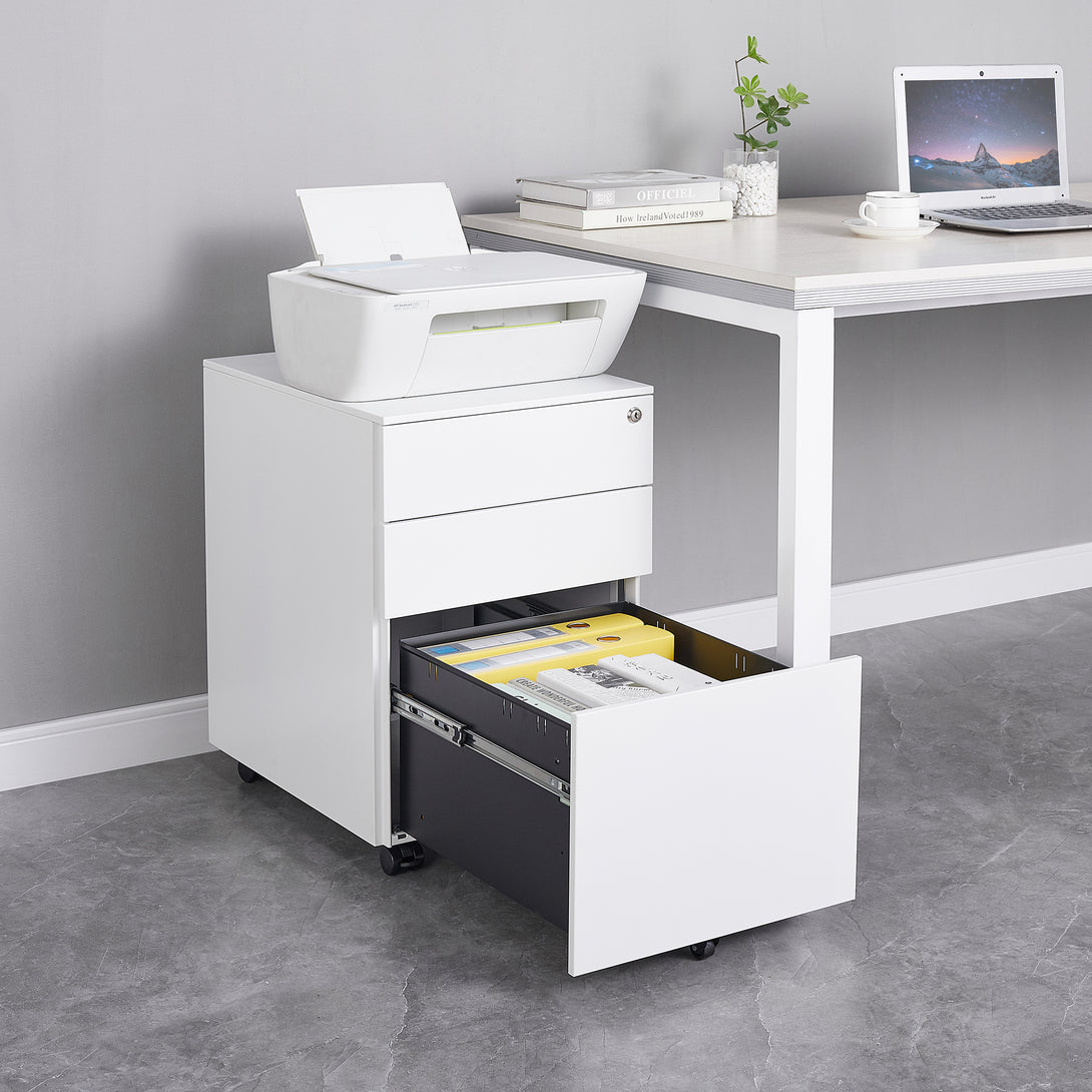 3 Drawers Under the Desk Office File Folder Cabinet with Rolling Wheels and Lock- White_12