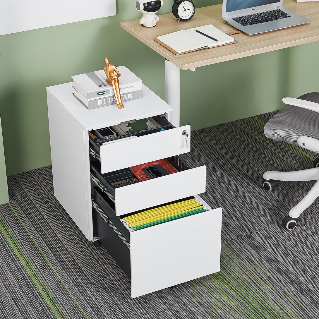 3 Drawers Under the Desk Office File Folder Cabinet with Rolling Wheels and Lock- White_3