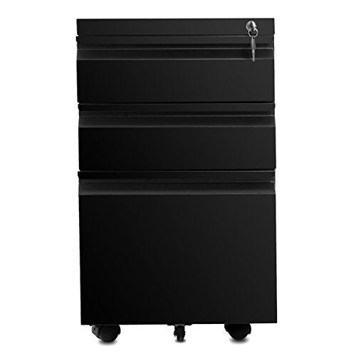 3 Drawers Under the Desk Office File Folder Cabinet with Rolling Wheels and Lock- Black_2