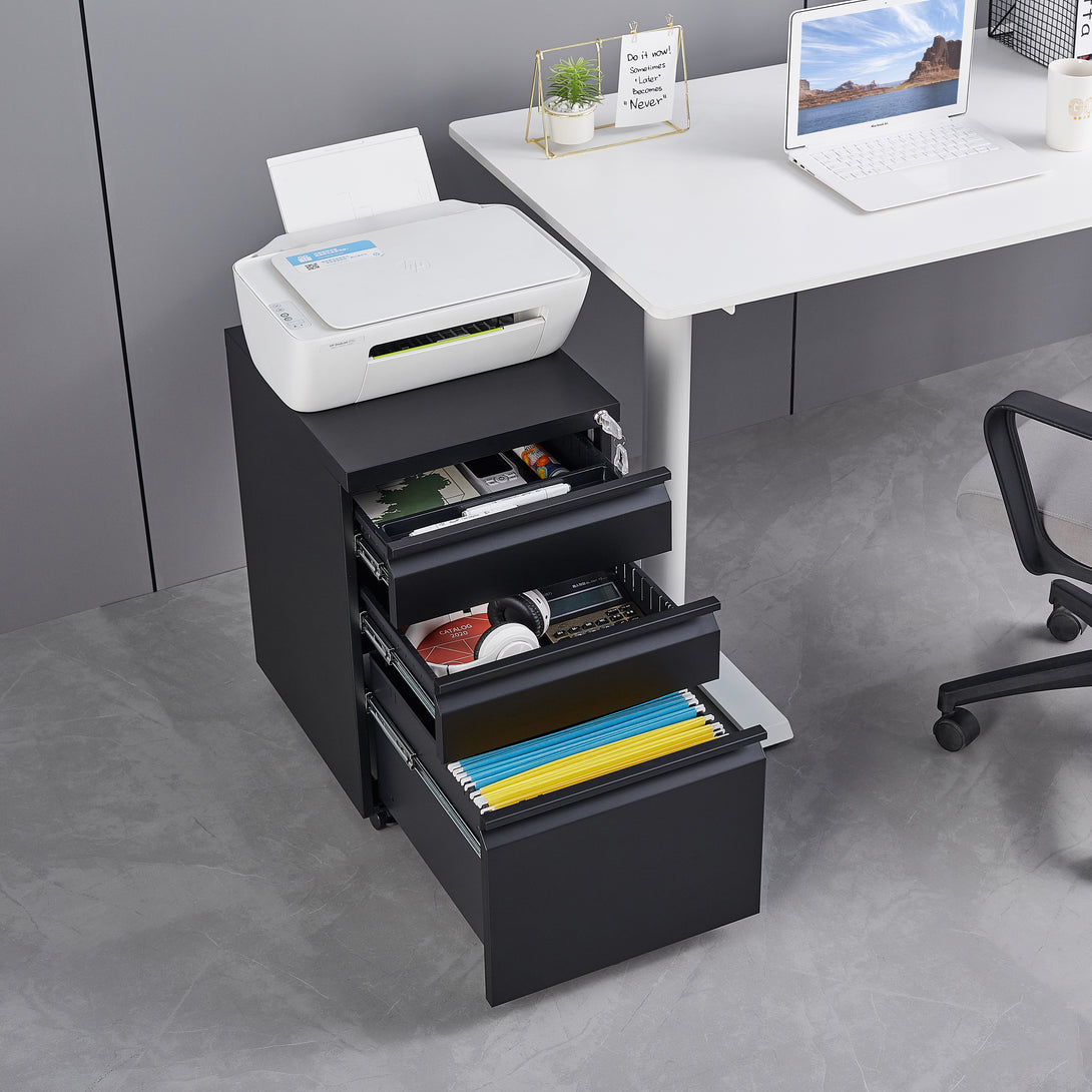 3 Drawers Under the Desk Office File Folder Cabinet with Rolling Wheels and Lock- Black_3