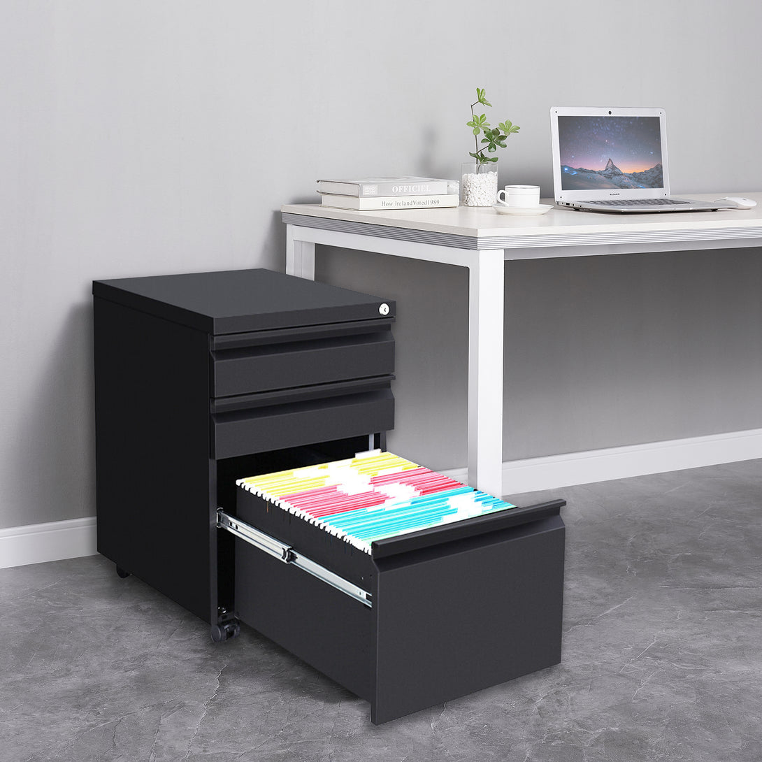 3 Drawers Under the Desk Office File Folder Cabinet with Rolling Wheels and Lock- Black_19