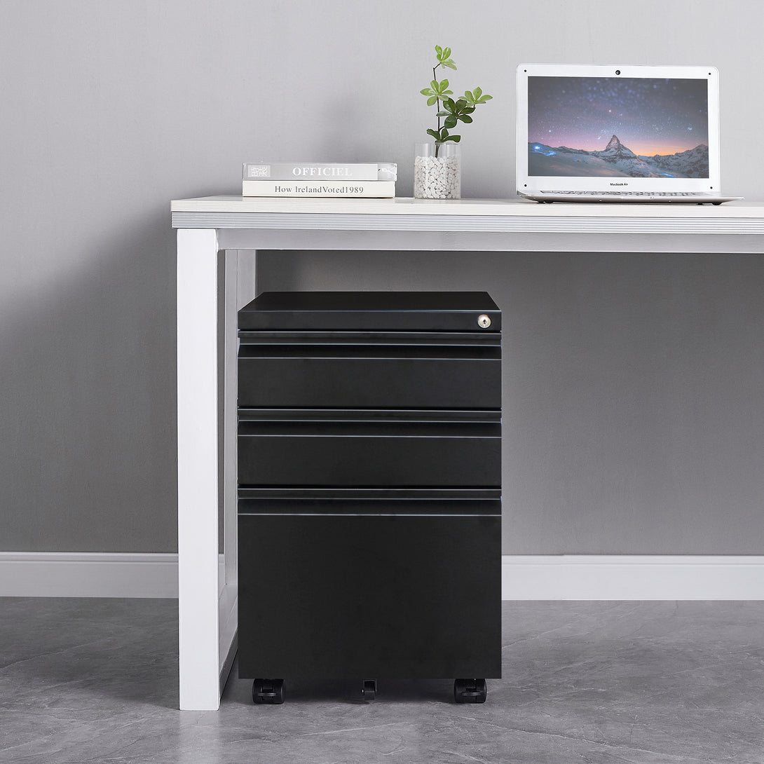 3 Drawers Under the Desk Office File Folder Cabinet with Rolling Wheels and Lock- Black_20