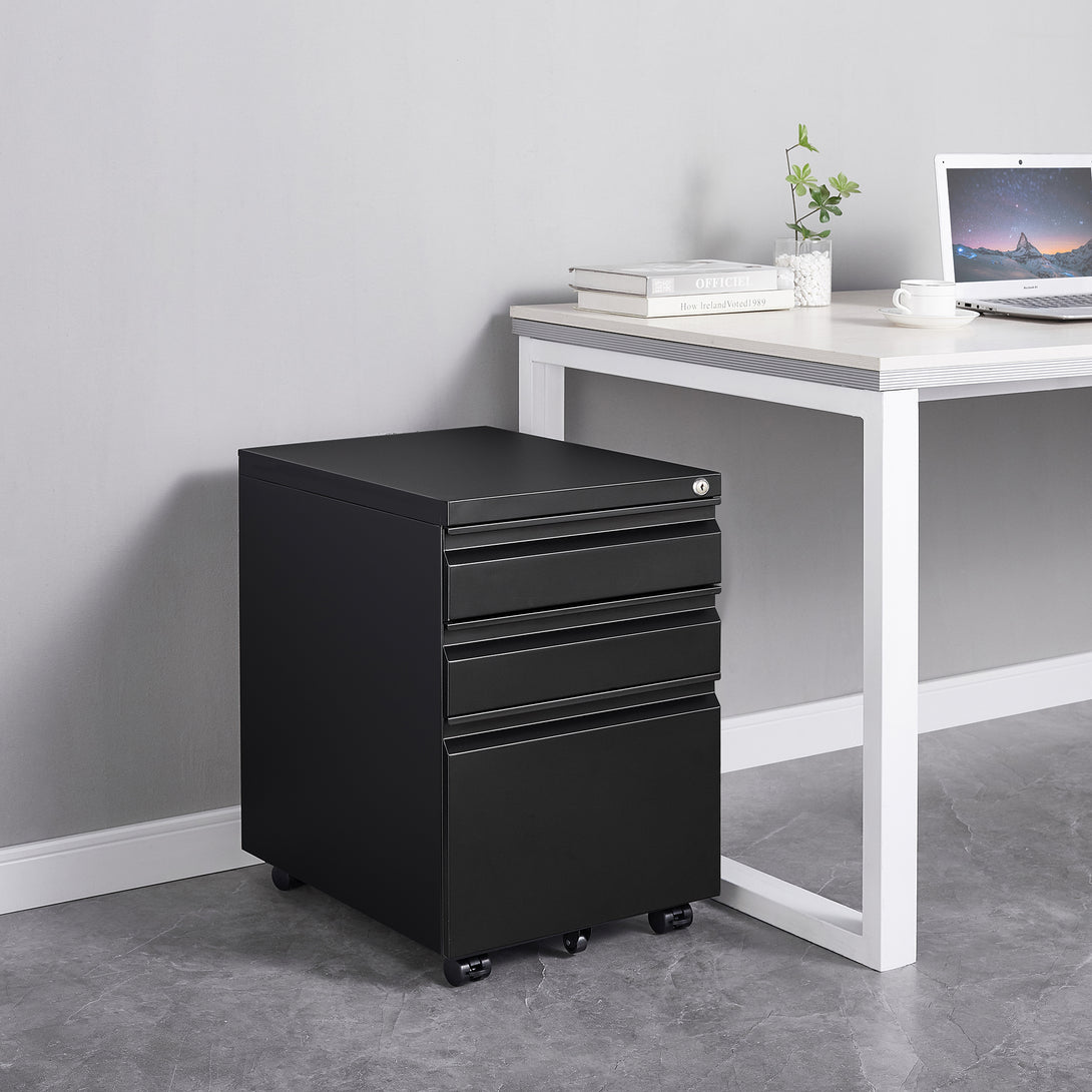 3 Drawers Under the Desk Office File Folder Cabinet with Rolling Wheels and Lock- Black_18