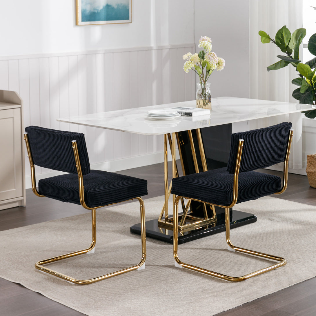 Set of 2 Modern Dining Chairs in Corduroy Fabric with Gold Metal Base- Black_12