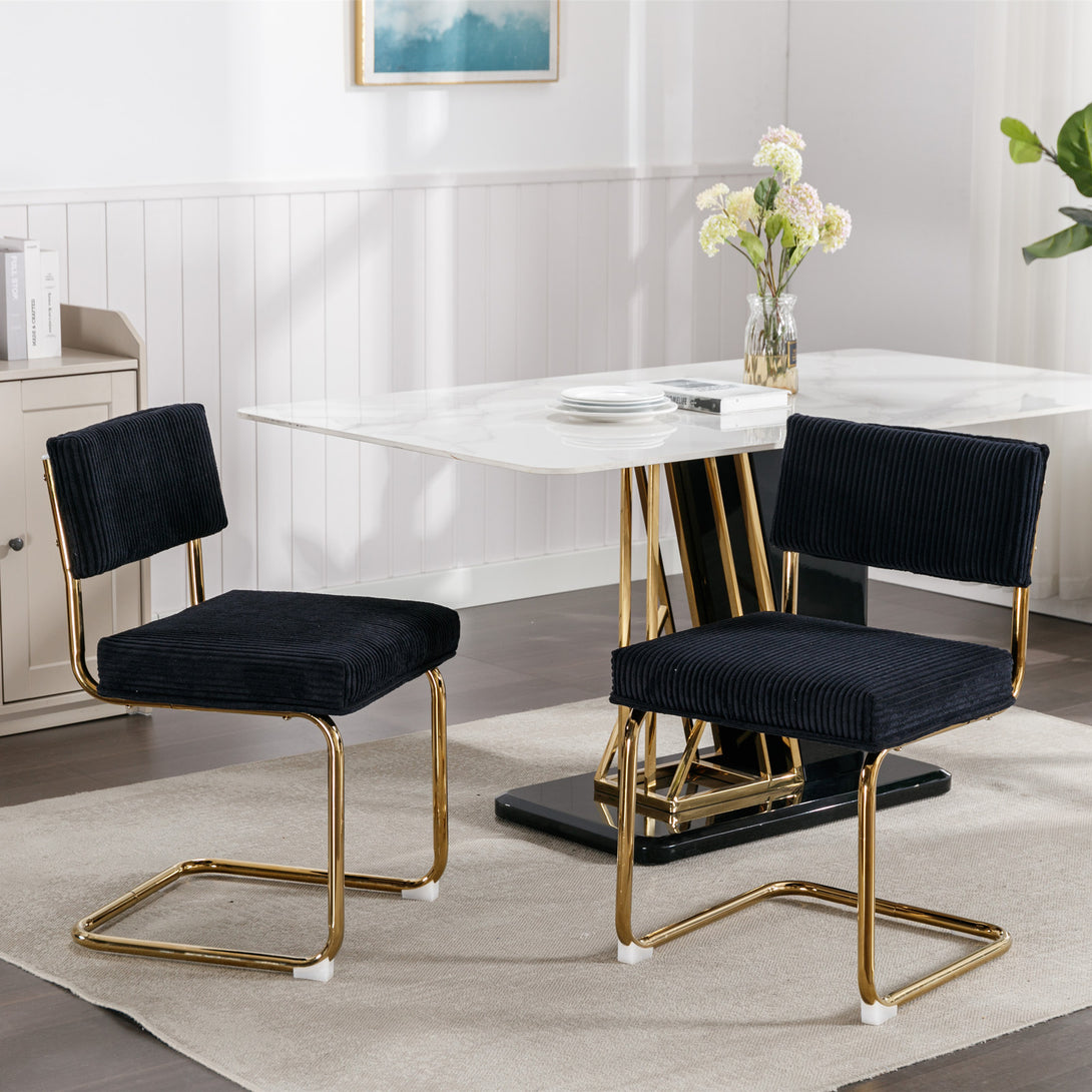 Set of 2 Modern Dining Chairs in Corduroy Fabric with Gold Metal Base- Black_1