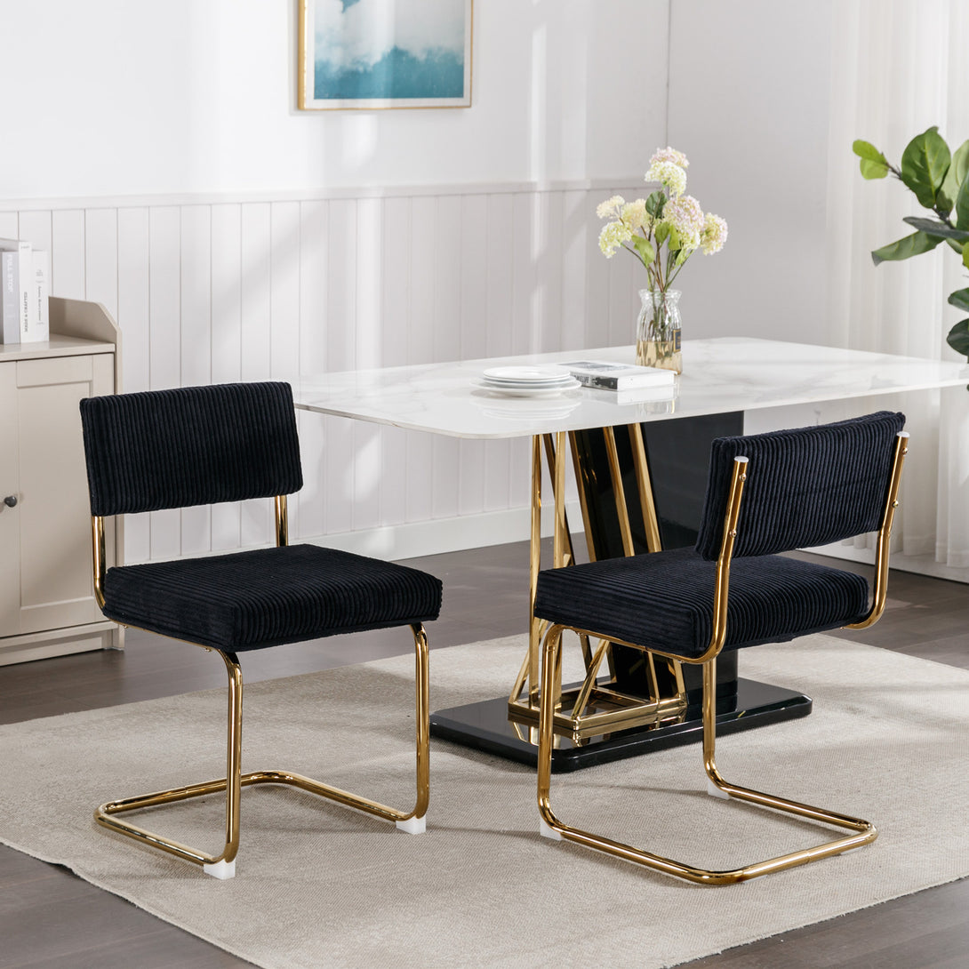 Set of 2 Modern Dining Chairs in Corduroy Fabric with Gold Metal Base- Black_11