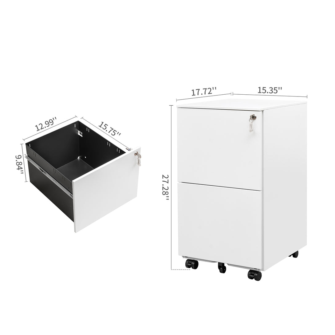 2 Drawers Under the Desk Office File Cabinet with Anti-Tilt Rolling Wheels and Lock- White_2