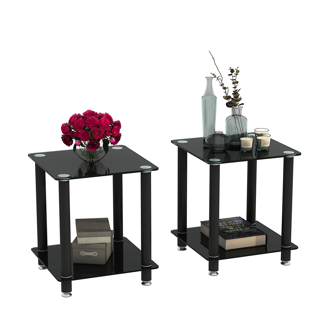 2 pcs Modern Design Coffee Table Tempered Glass End Table Night Stand- Black_3