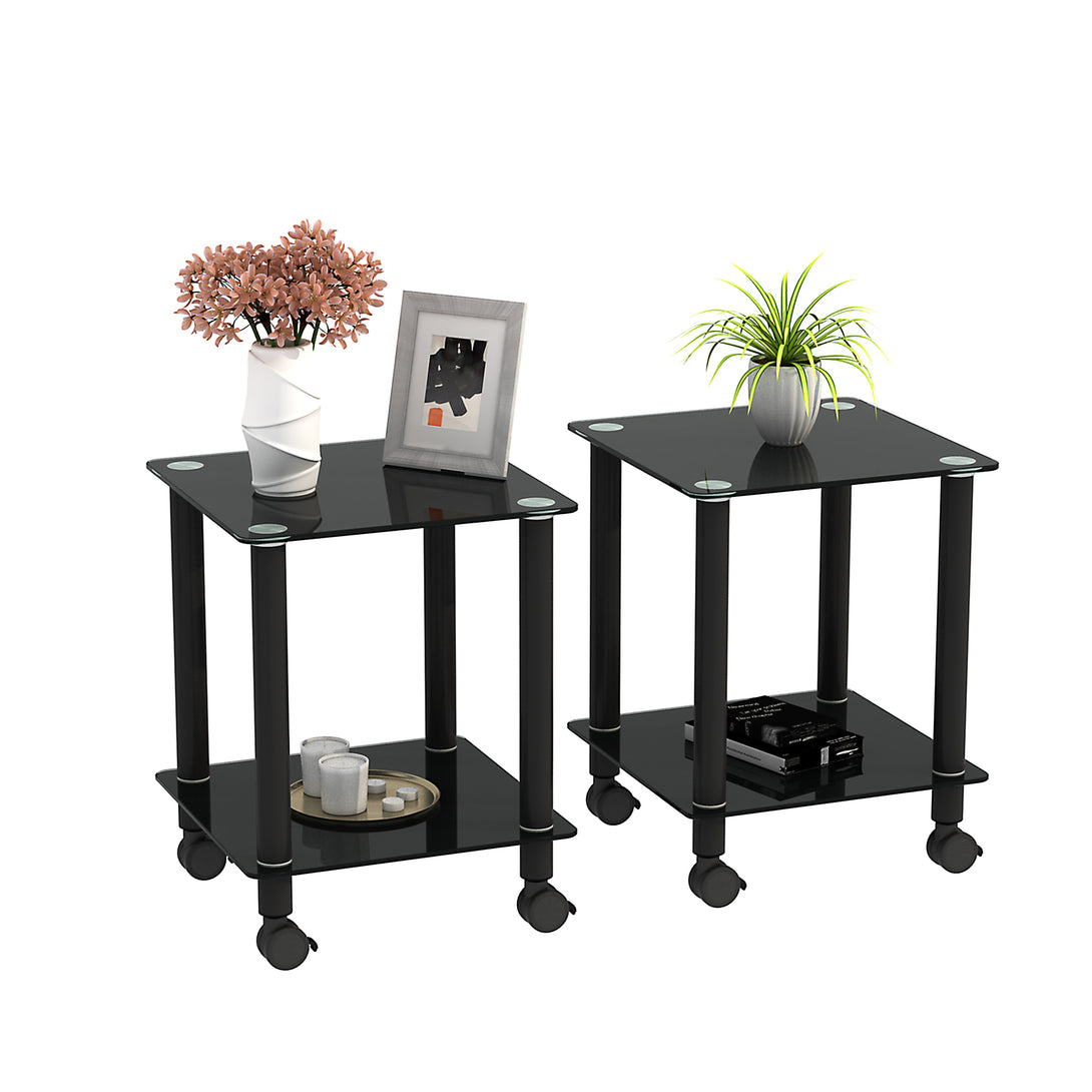 2 pcs Modern Design Coffee Table Tempered Glass End Table Night Stand- Black_4