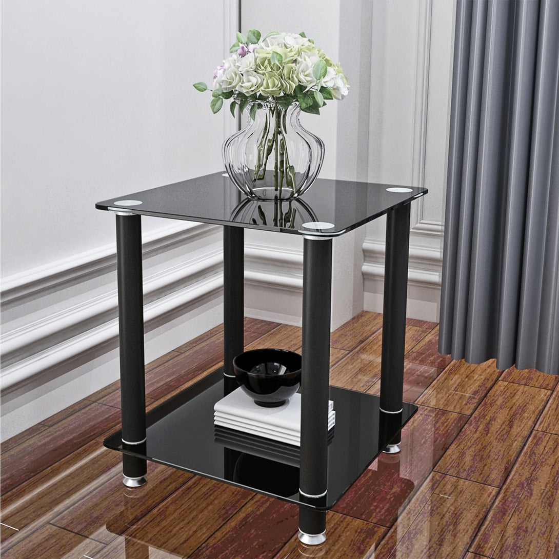 2 pcs Modern Design Coffee Table Tempered Glass End Table Night Stand- Black_1