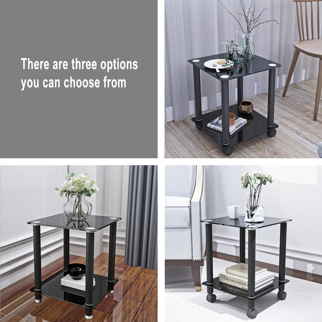 2 pcs Modern Design Coffee Table Tempered Glass End Table Night Stand- Black_7