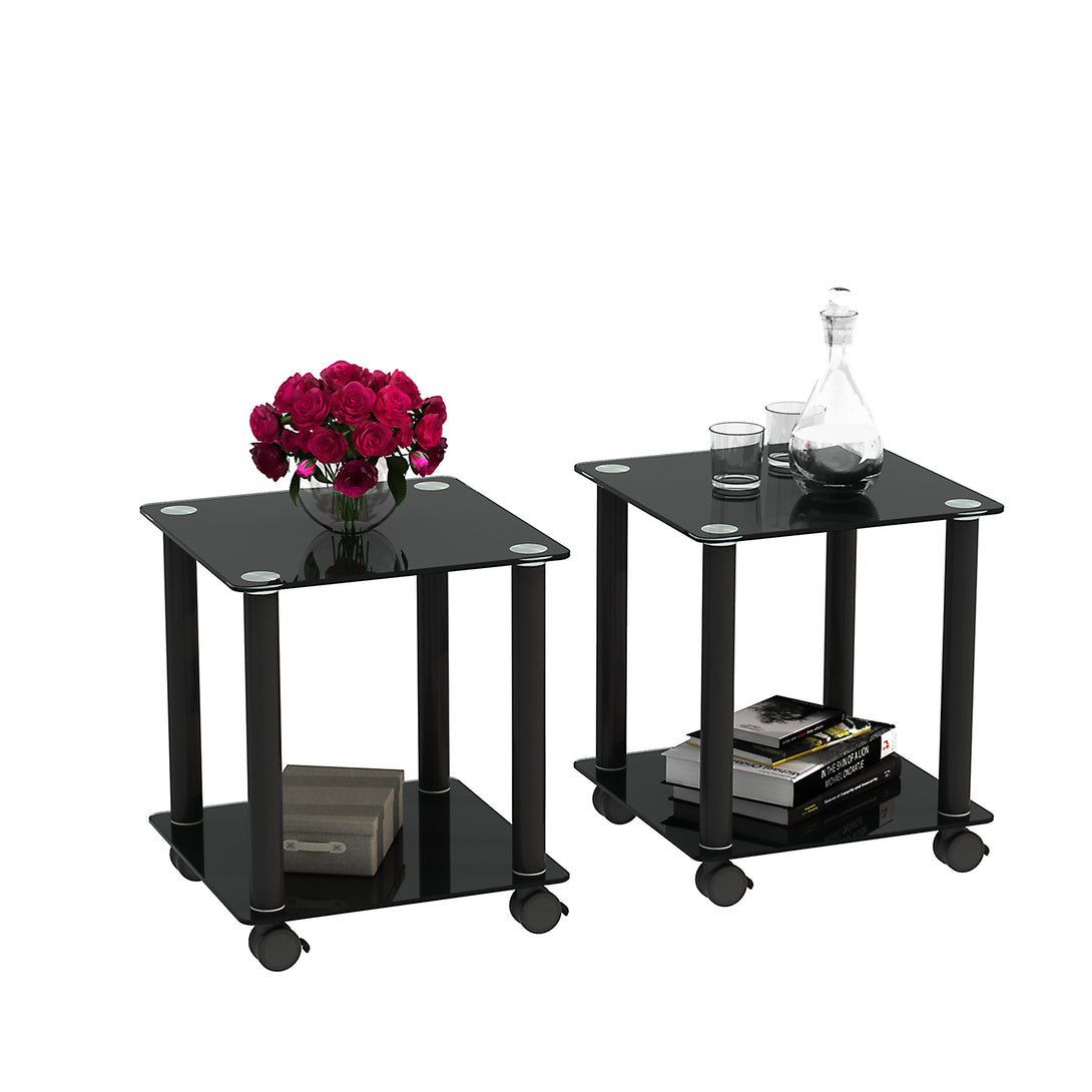 2 pcs Modern Design Coffee Table Tempered Glass End Table Night Stand- Black_2