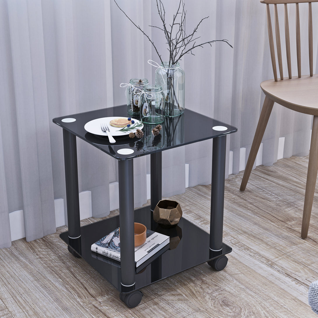 2 pcs Modern Design Coffee Table Tempered Glass End Table Night Stand- Black_5