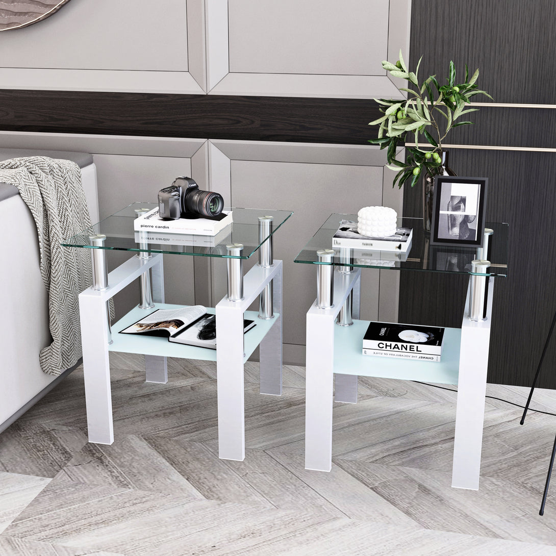 2 pcs Modern Design Coffee Table Tempered Glass End Table Night Stand- Transparent/White_5