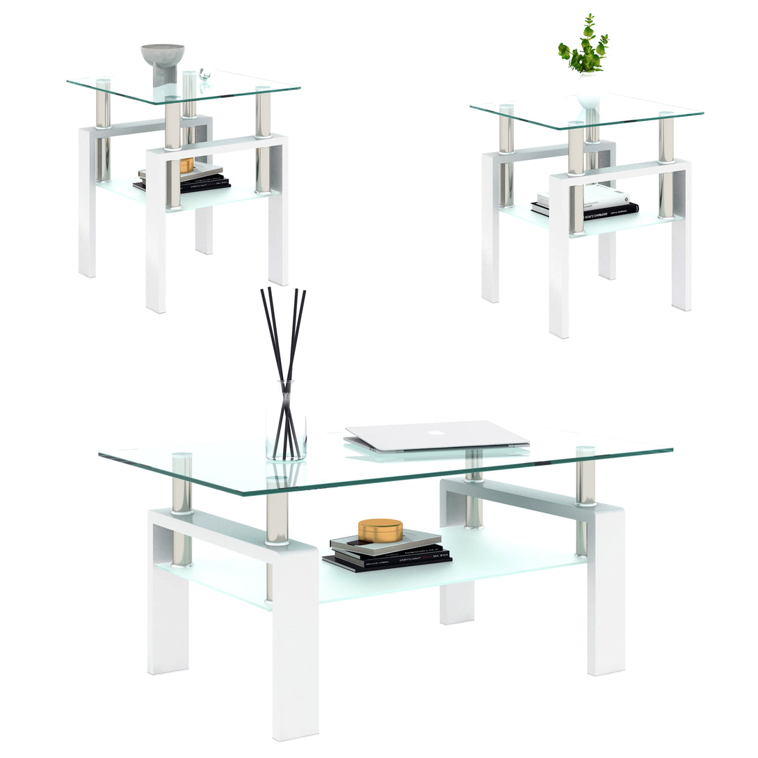 2 pcs Modern Design Coffee Table Tempered Glass End Table Night Stand- Transparent/White_14