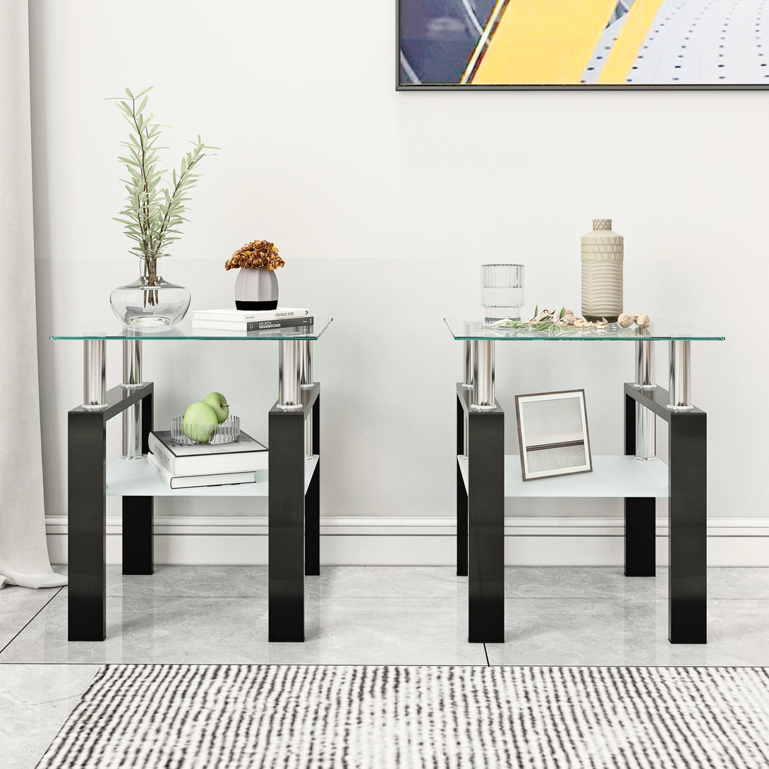 2 pcs Modern Design Coffee Table Tempered Glass End Table Night Stand- Transparent/Black_2