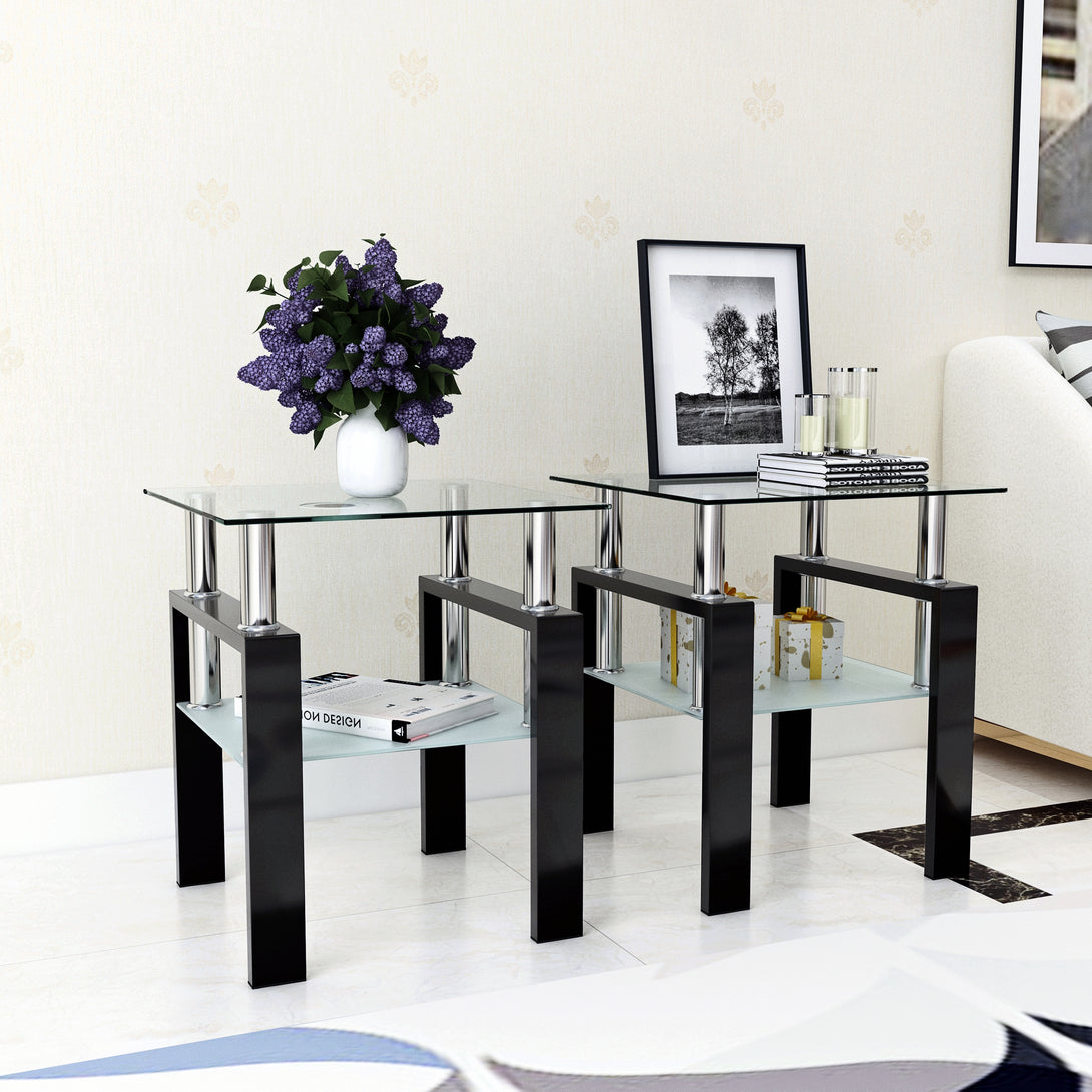 2 pcs Modern Design Coffee Table Tempered Glass End Table Night Stand- Transparent/Black_5