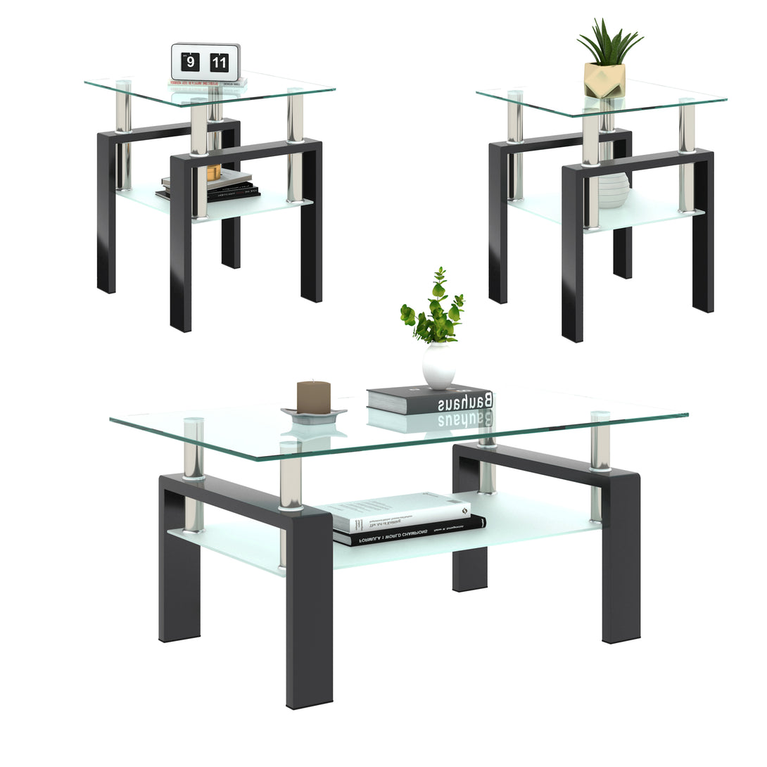 2 pcs Modern Design Coffee Table Tempered Glass End Table Night Stand- Transparent/Black_12