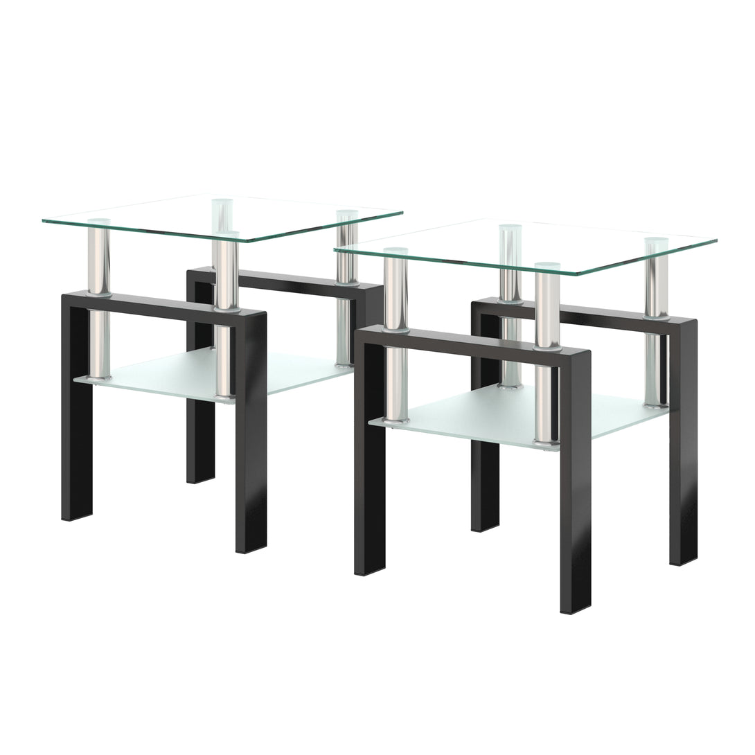 2 pcs Modern Design Coffee Table Tempered Glass End Table Night Stand- Transparent/Black_11