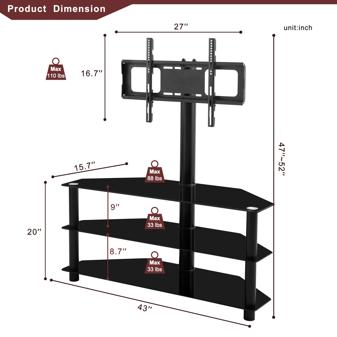 3-Tier Multi-functional TV Stand Height Adjustable Swivel Bracket - Black_4