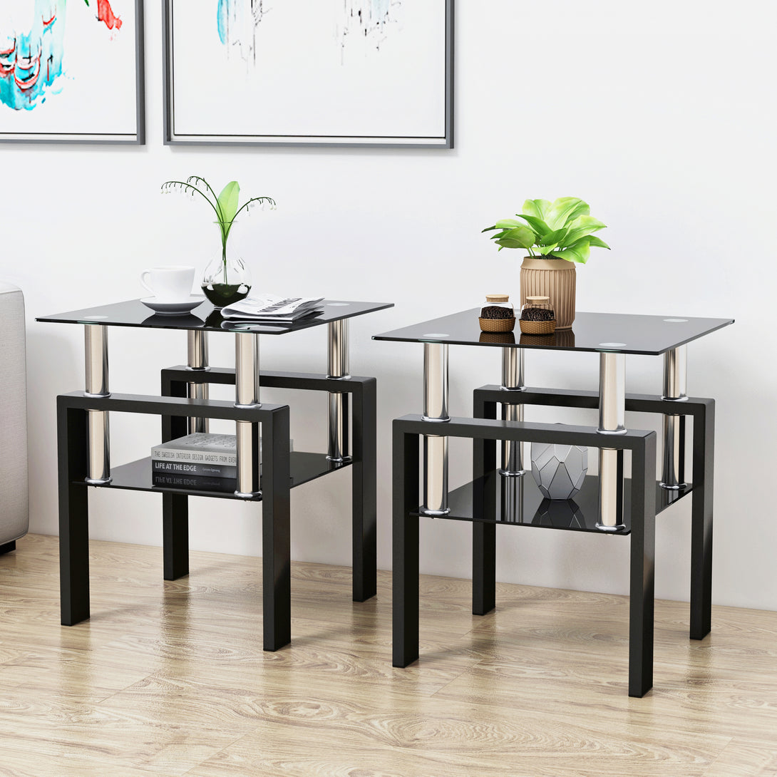 2 pcs Modern Design Coffee Table Tempered Glass End Table Night Stand- Black/Black_2