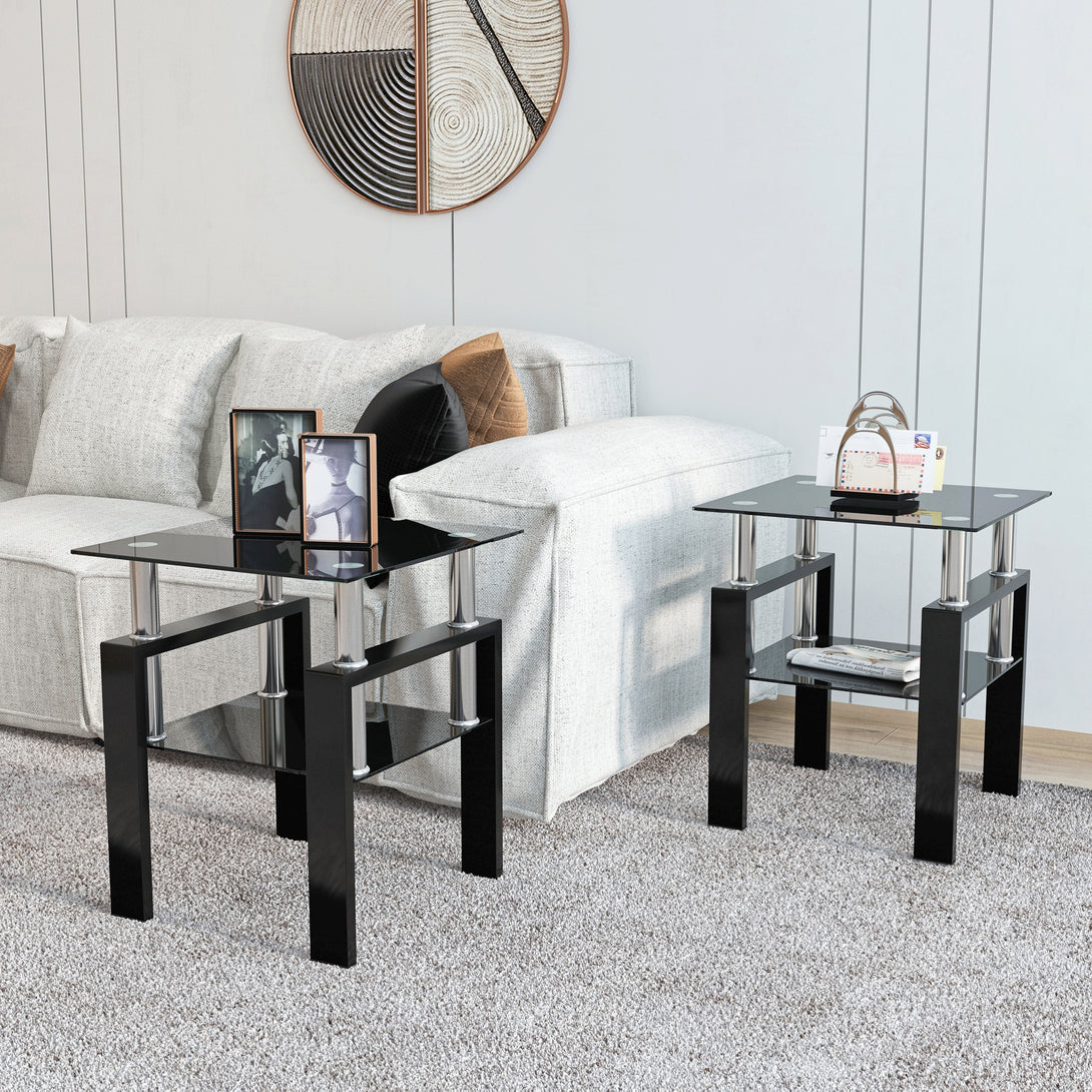 2 pcs Modern Design Coffee Table Tempered Glass End Table Night Stand- Black/Black_3