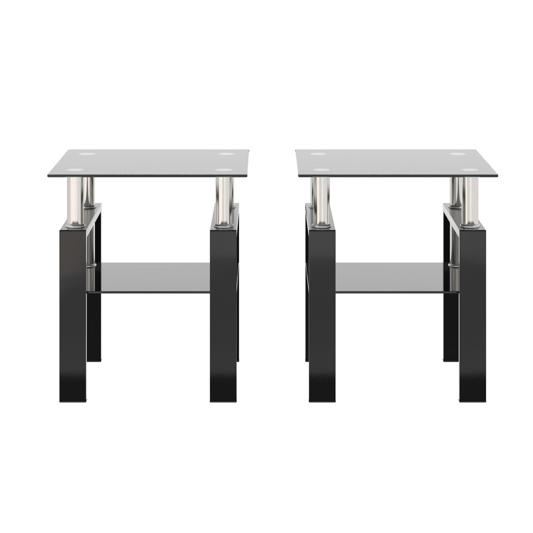 2 pcs Modern Design Coffee Table Tempered Glass End Table Night Stand- Black/Black_9