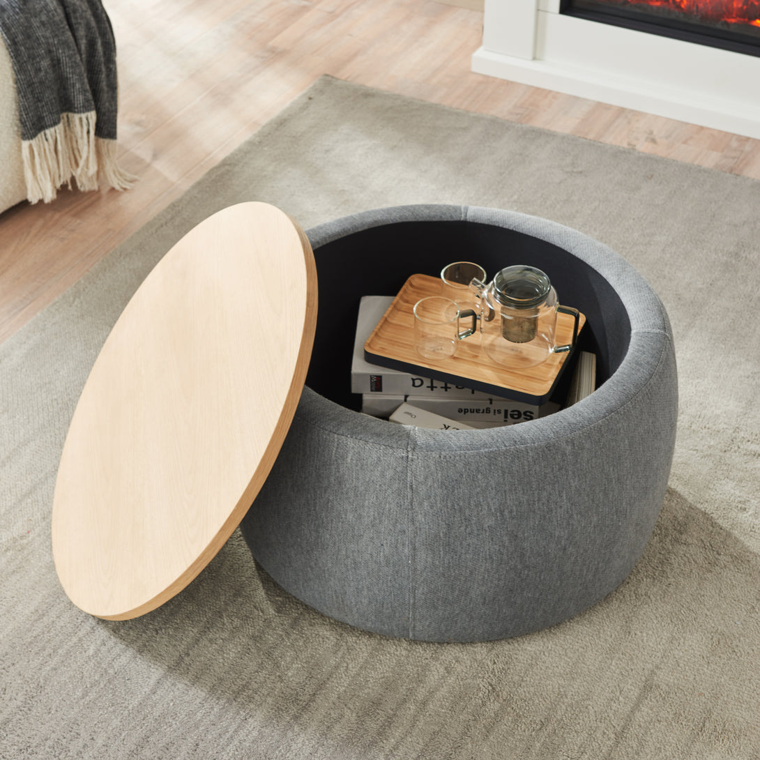 2 in 1 Round Storage Organizer and Foot Stool with Wooden Lid- Dark Grey_3