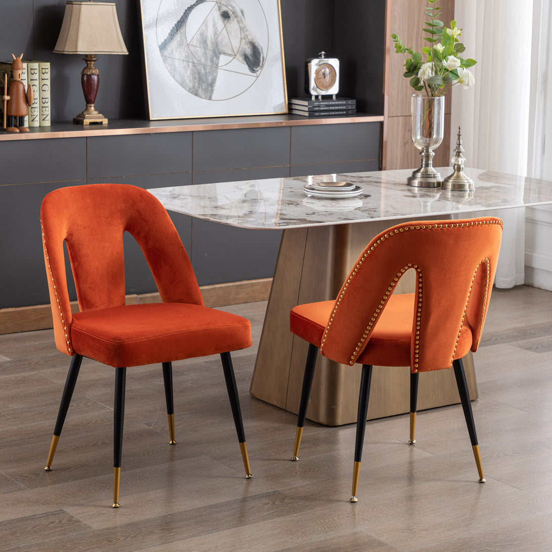 2 pcs Modern Contemporary Velvet Upholstered Dining Chair with Nailheads - Orange_1