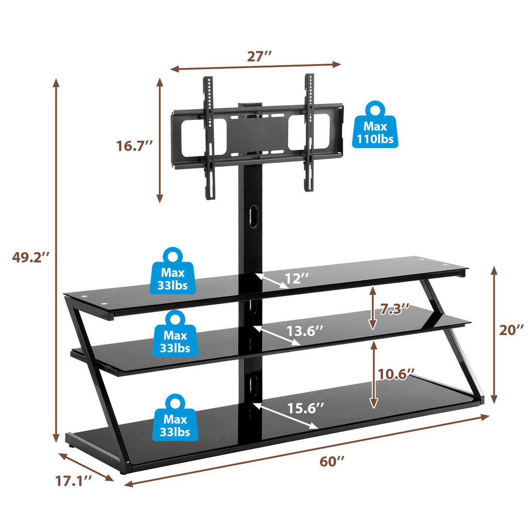 Floor Media Storage Stand With Mount Height Adjustable Swivel Bracket - Black_3