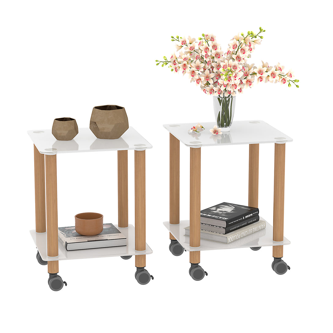 2-Tier End Table Modern Night Stand Side Table with Storage Shelve- White+Oak, 2 pcs_4