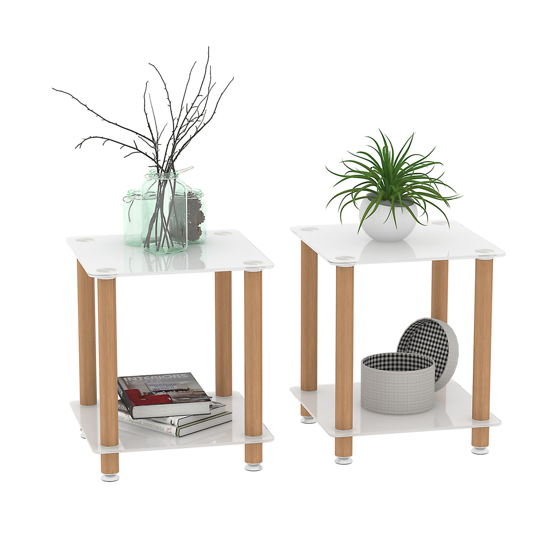 2-Tier End Table Modern Night Stand Side Table with Storage Shelve- White+Oak, 2 pcs_1