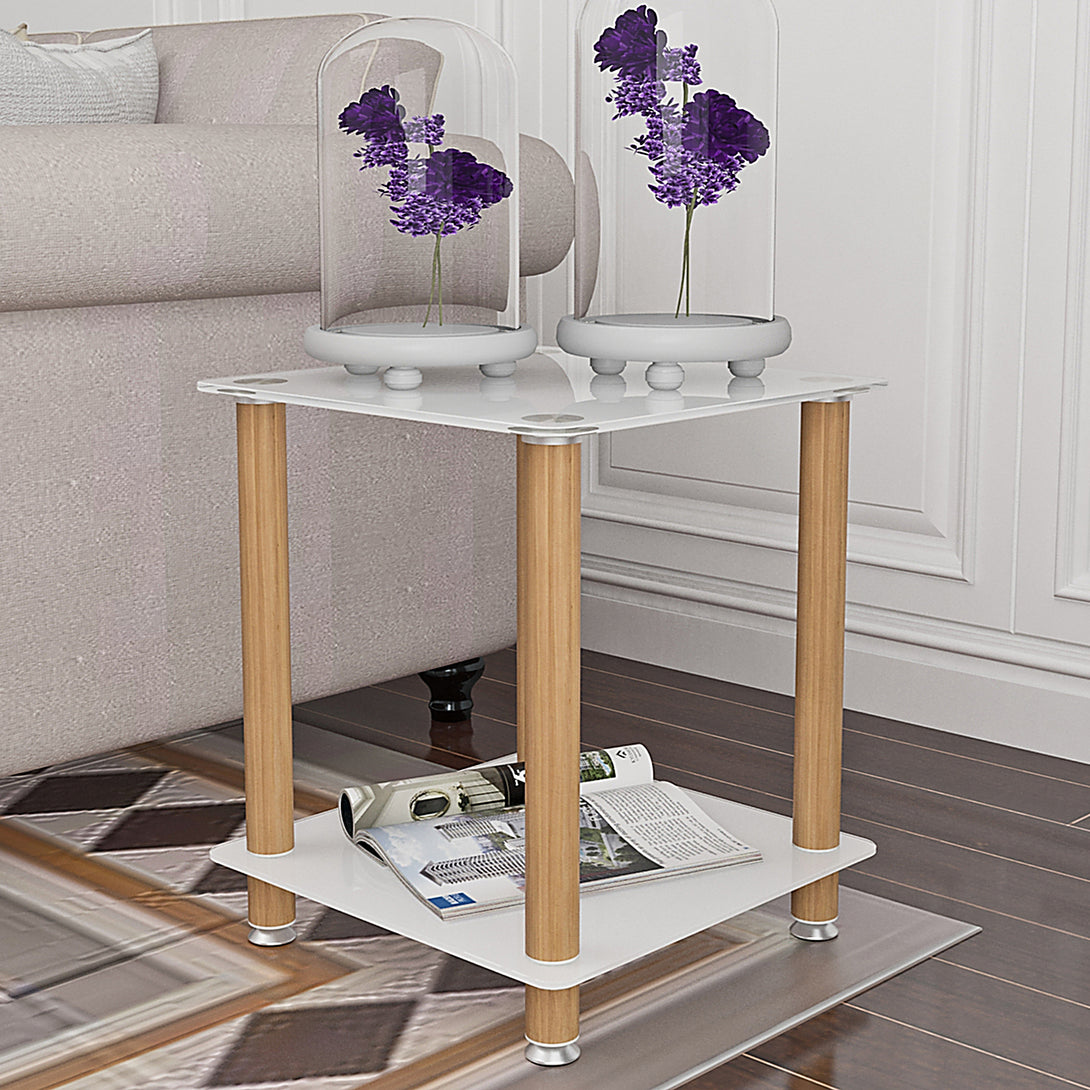 2-Tier End Table Modern Night Stand Side Table with Storage Shelve- White+Oak, 2 pcs_2