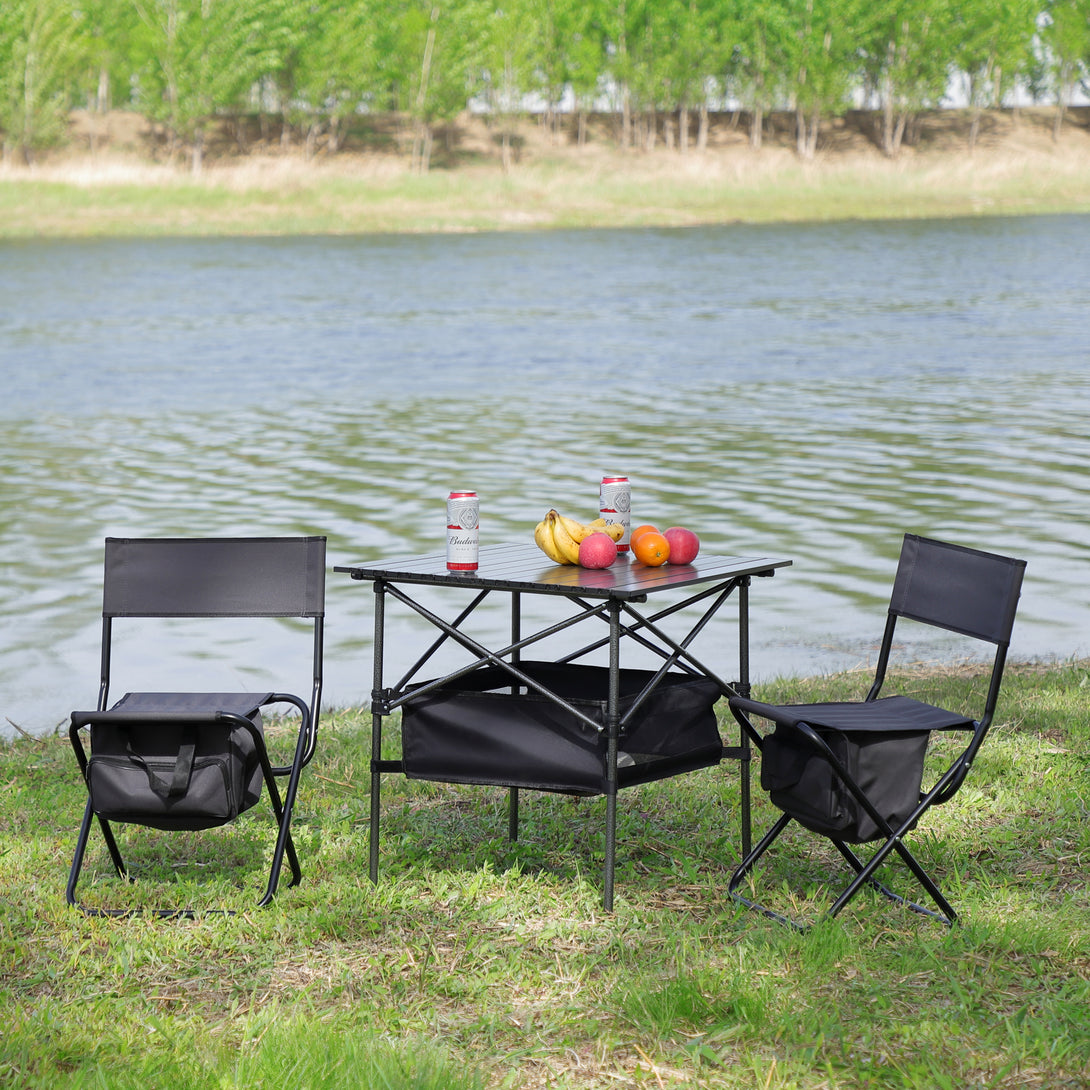 Set of 3 Outdoor Camping Fishing Hiking Dining Chairs and Table - Black+Gray_1