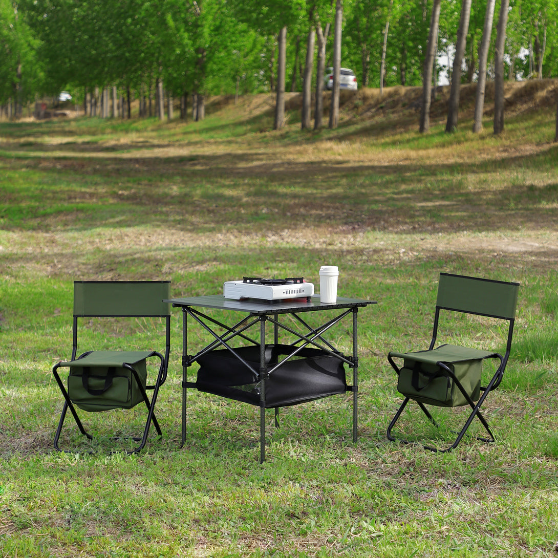 Set of 3 Outdoor Camping Fishing Hiking Dining Chairs and Table - Black+Green_1