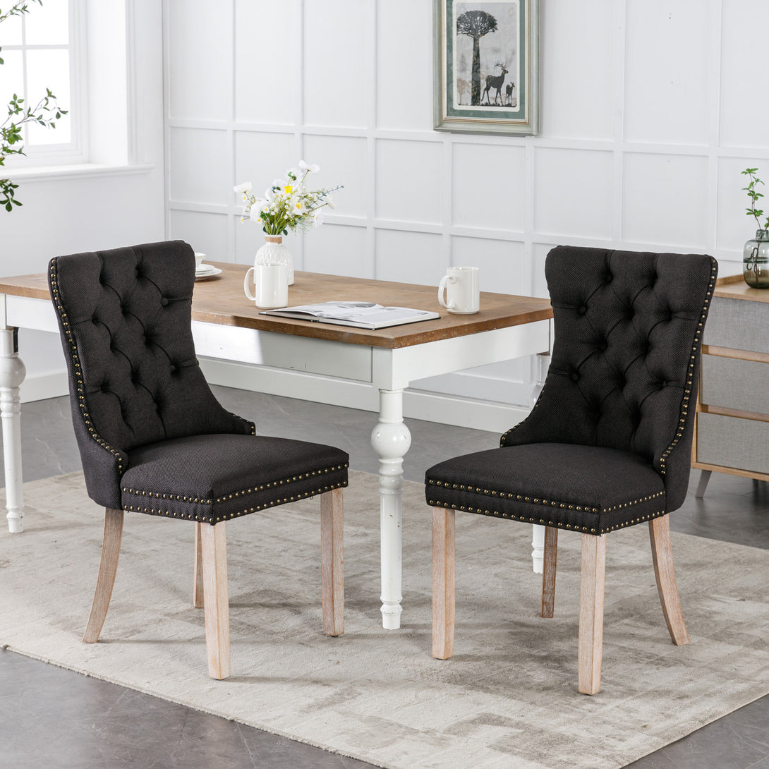 2 pcs Solid Wood High-End Tufted Contemporary Linen Chair with Wooden Legs- Black_1