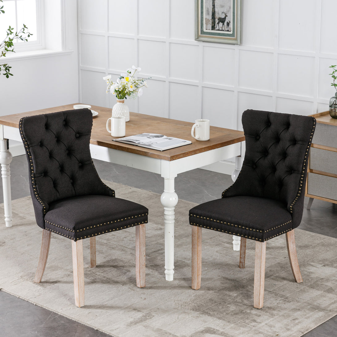 2 pcs Solid Wood High-End Tufted Contemporary Linen Chair with Wooden Legs- Black_4