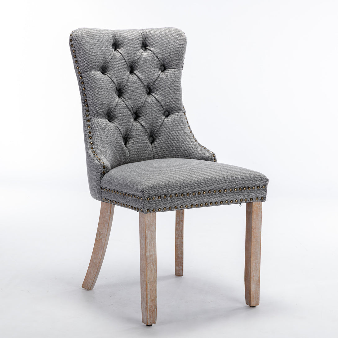 2 pcs Solid Wood High-End Tufted Contemporary Linen Chair with Wooden Legs- Gray_9