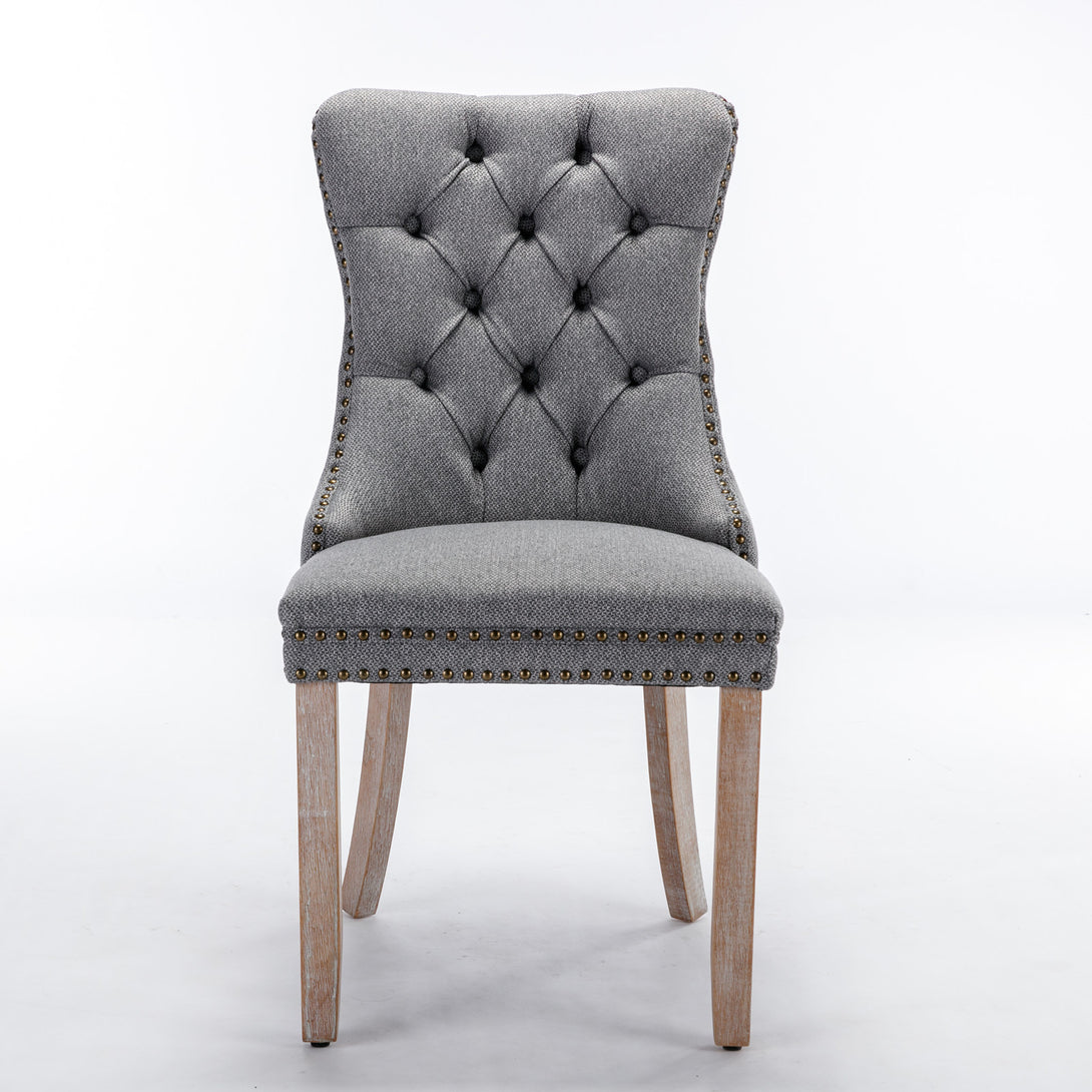 2 pcs Solid Wood High-End Tufted Contemporary Linen Chair with Wooden Legs- Gray_8