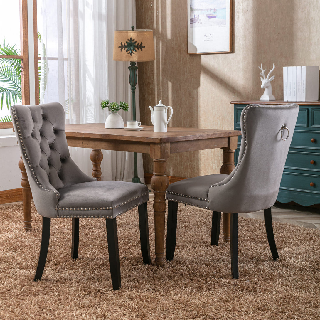 2 pcs High-End Tufted Contemporary Velvet Chair with Wooden Legs- Gray_9