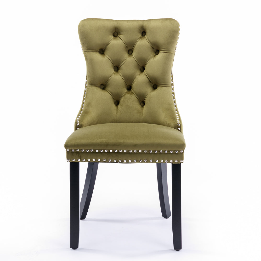 2 pcs High-End Tufted Contemporary Velvet Chair with Wooden Legs- Olive Green_2