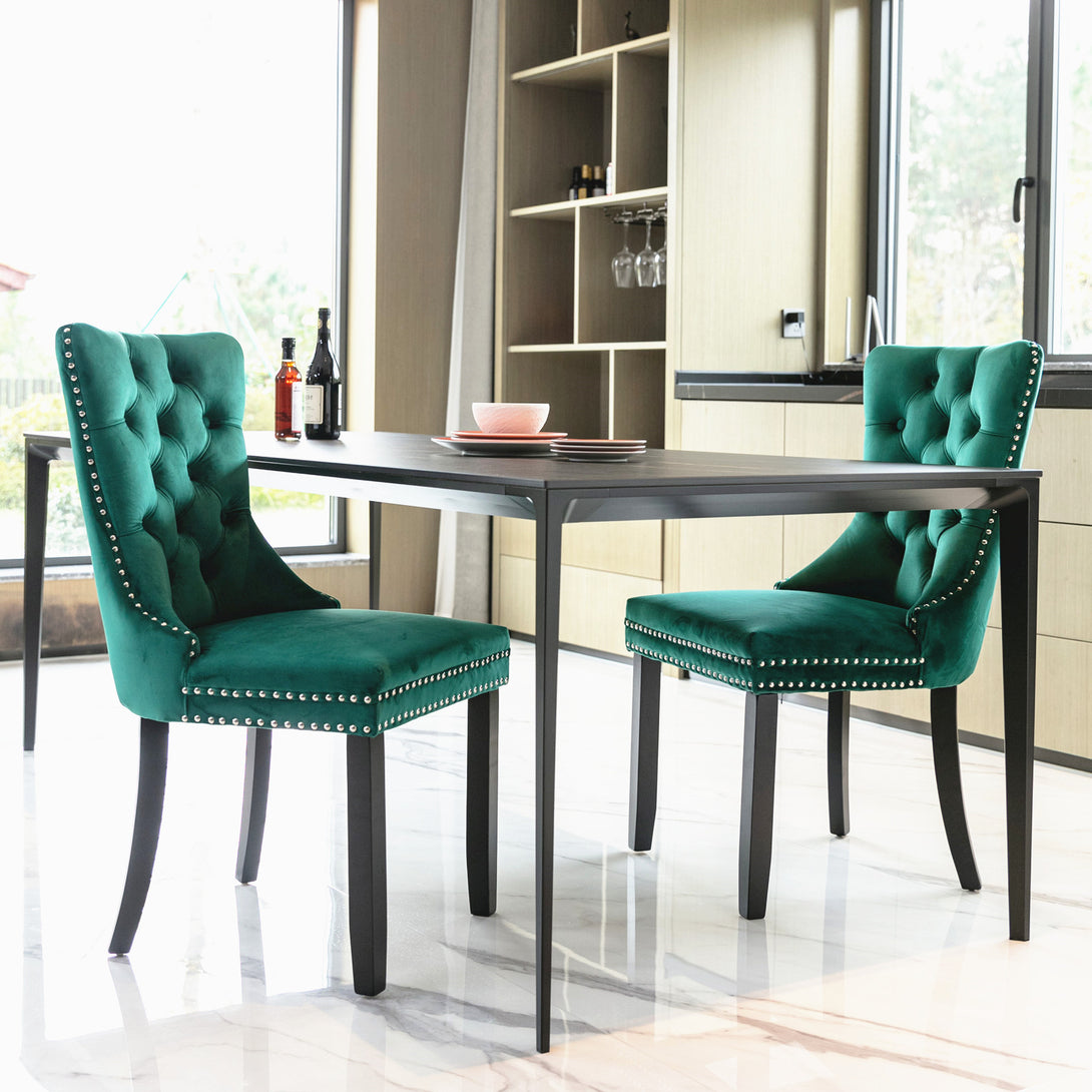 2 pcs High-End Tufted Contemporary Velvet Chair with Wooden Legs- Green_1