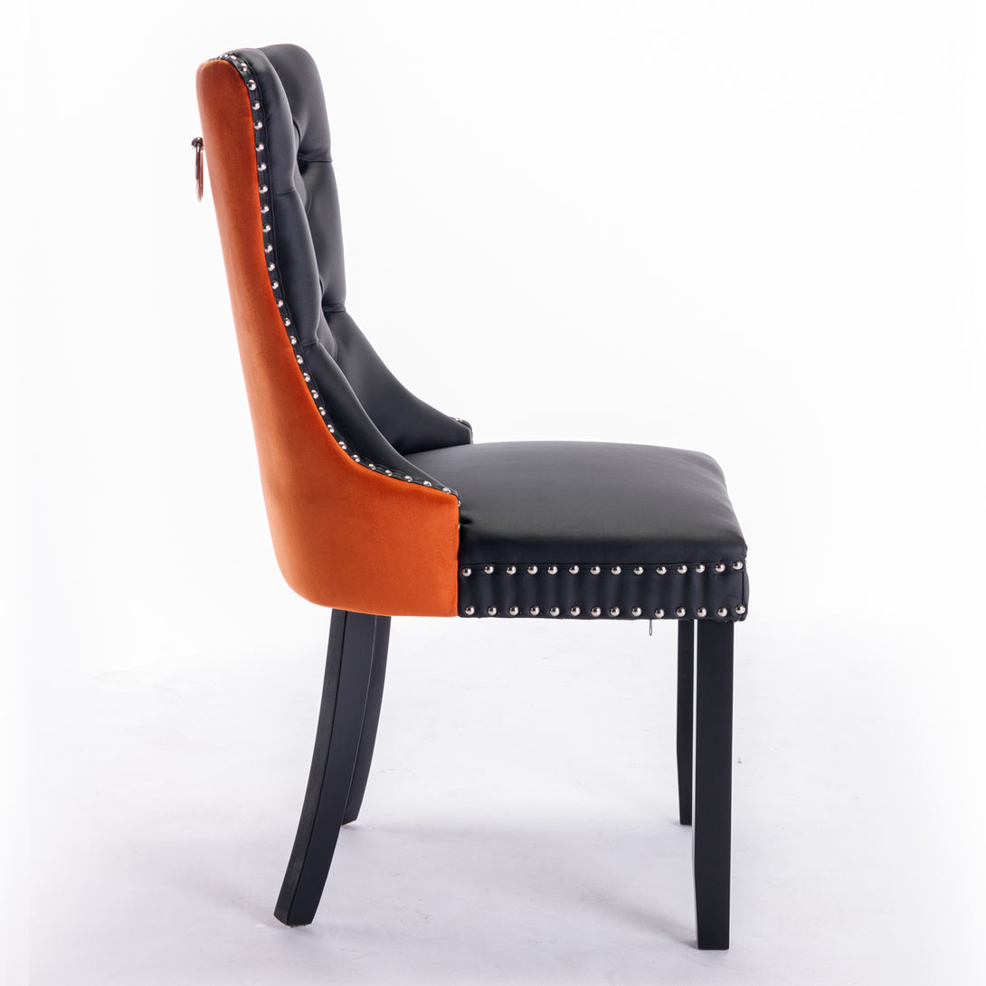 2 pcs High-End Tufted Modern Contemporary Leather Chair with Wooden Legs- Black+Orange_8