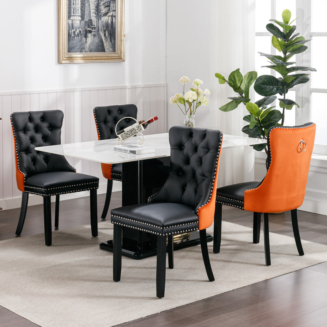 2 pcs High-End Tufted Modern Contemporary Leather Chair with Wooden Legs- Black+Orange_2