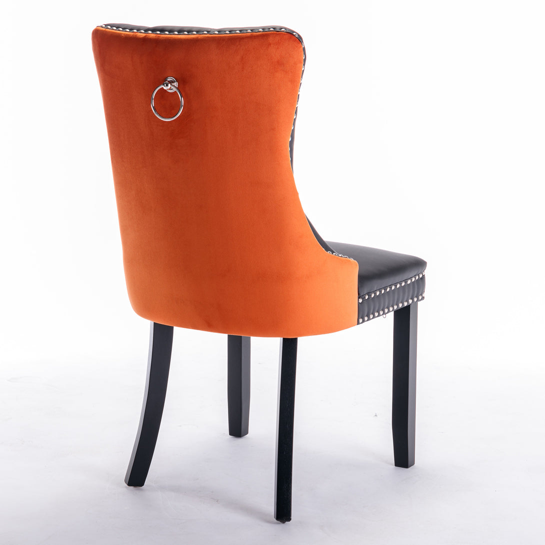 2 pcs High-End Tufted Modern Contemporary Leather Chair with Wooden Legs- Black+Orange_9