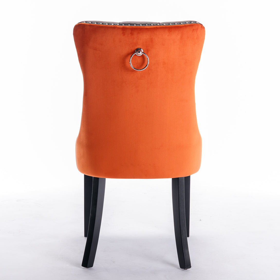 2 pcs High-End Tufted Modern Contemporary Leather Chair with Wooden Legs- Black+Orange_10