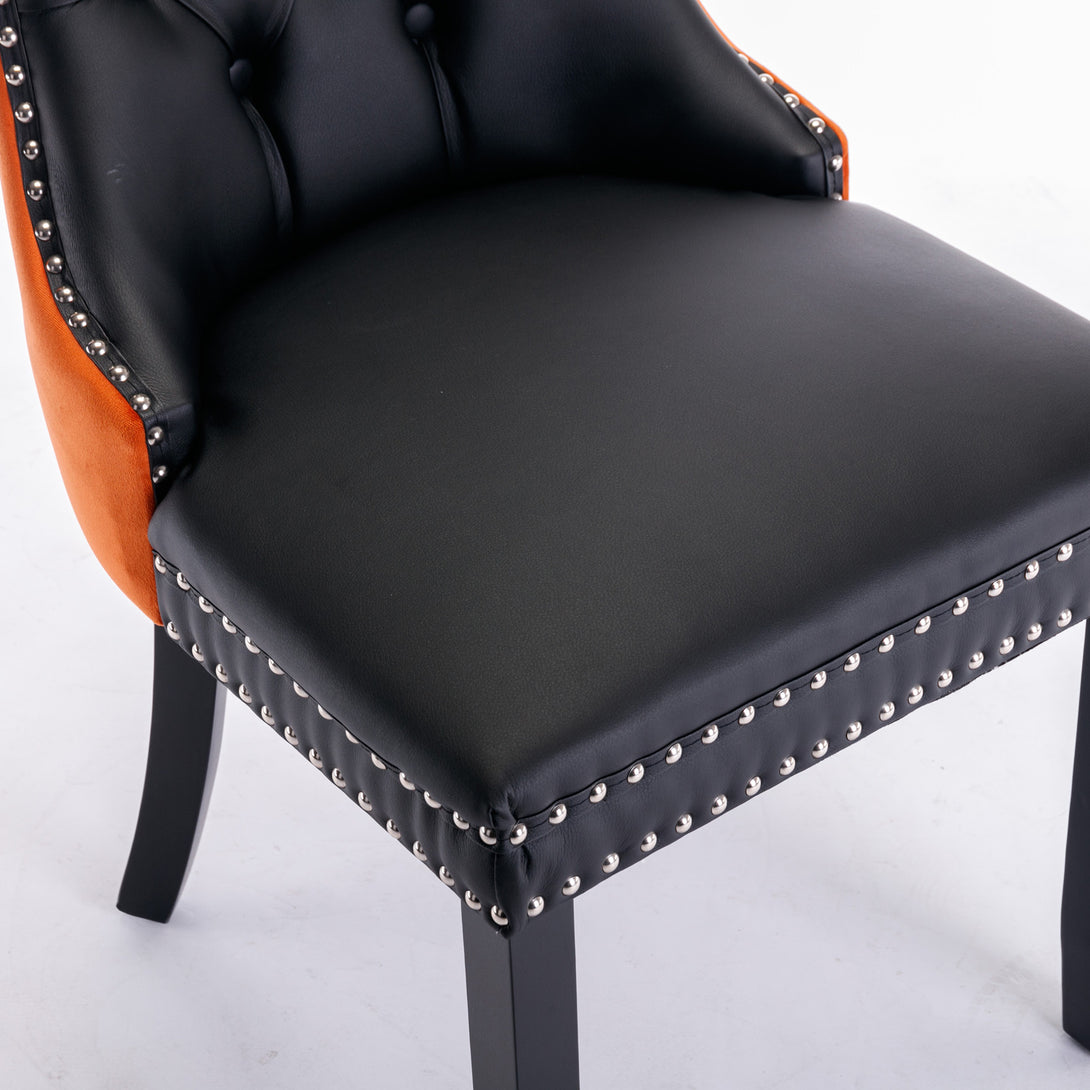 2 pcs High-End Tufted Modern Contemporary Leather Chair with Wooden Legs- Black+Orange_14