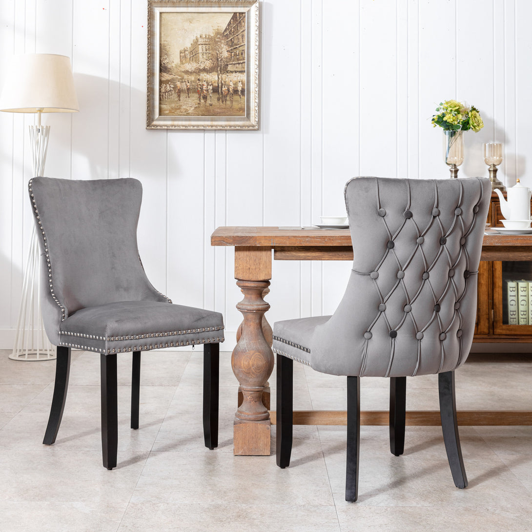 2 pcs High-End Wing Back Tufted Modern Contemporary Velvet Chair with Wooden Legs- Gray_1