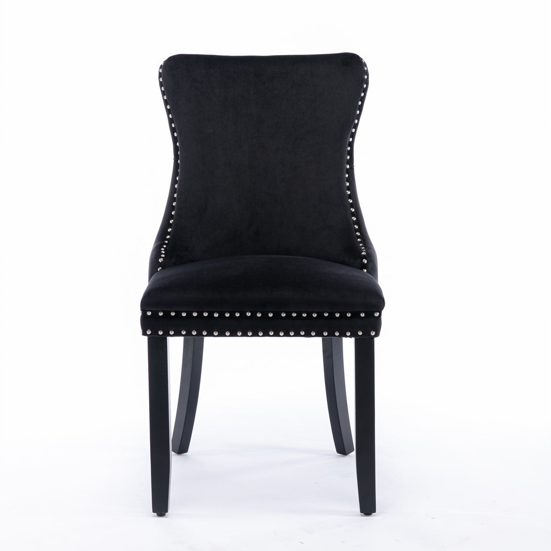 2 pcs High-End Wing Back Tufted Modern Contemporary Velvet Chair with Wooden Legs- Black_3