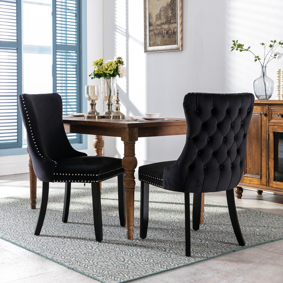 2 pcs High-End Wing Back Tufted Modern Contemporary Velvet Chair with Wooden Legs- Black_2